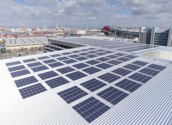 Solar panels on a warehouse roof in Osaka